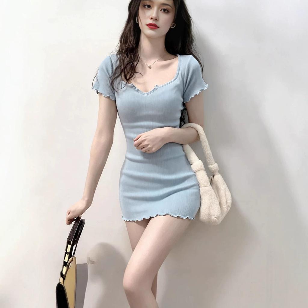 Ins Sexy Babes U-neck Slim-fitting and Thin Bottoming Dress Short Skirt Korean Version Pure Desire Hip-wrapped Short Skirt Women's Wholesale