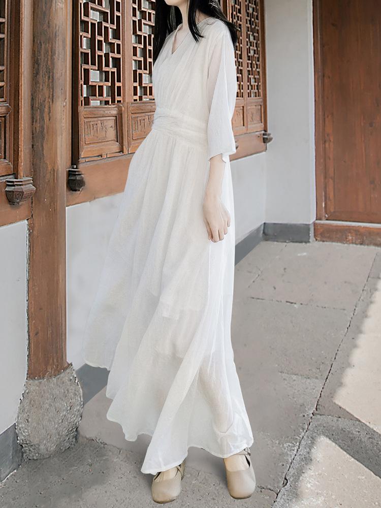 

Johnature Женское осеннее нишевое однотонное винтажное платье с V-образным вырезом, модное платье в китайском стиле с рукавом до локтя One Size белый