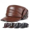 Men’s Genuine Cowhide Leather Ushanka Hat, Thick Warm Winter Earflap Cap for Middle-Aged and Elderly Men