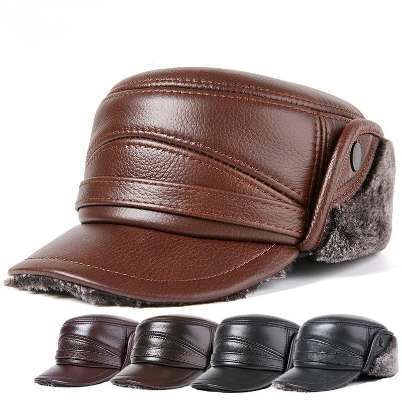 Men’s Genuine Cowhide Leather Ushanka Hat, Thick Warm Winter Earflap Cap for Middle-Aged and Elderly Men