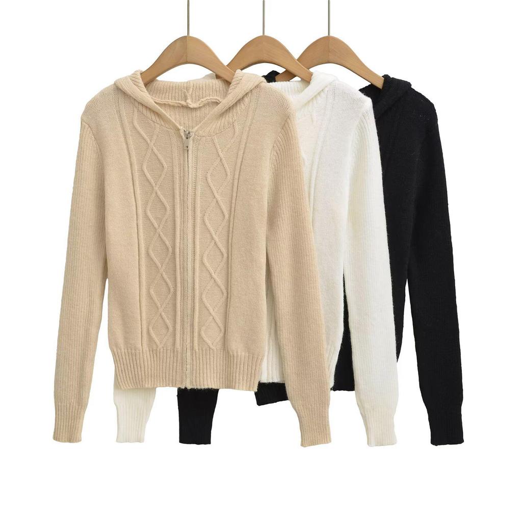 Y6015-26 Spring French Retro Cable Knit Slim Zipper Cardigan Hoodie