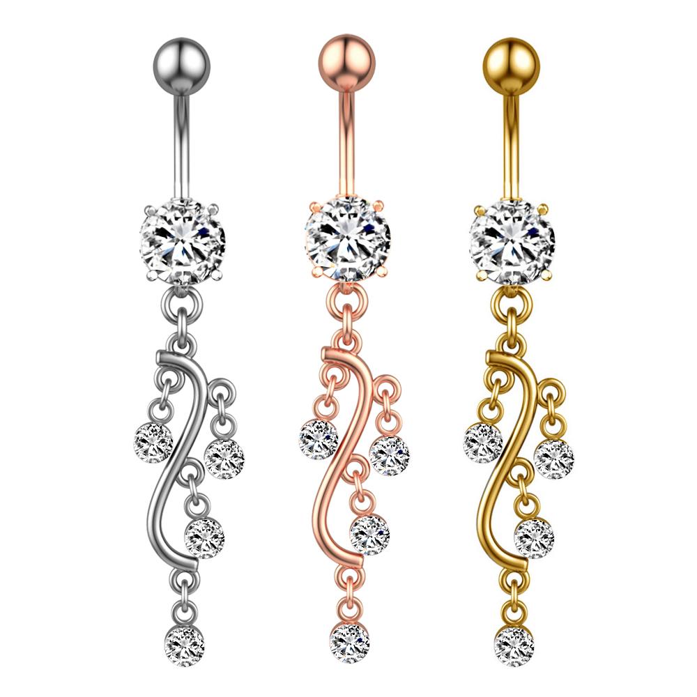Butterfly-bow Dangled Navel Ring Piercing 14G Flower Heart Crystal CZs Belly Button Ring for Women Stainless Steel Belly Jewelry