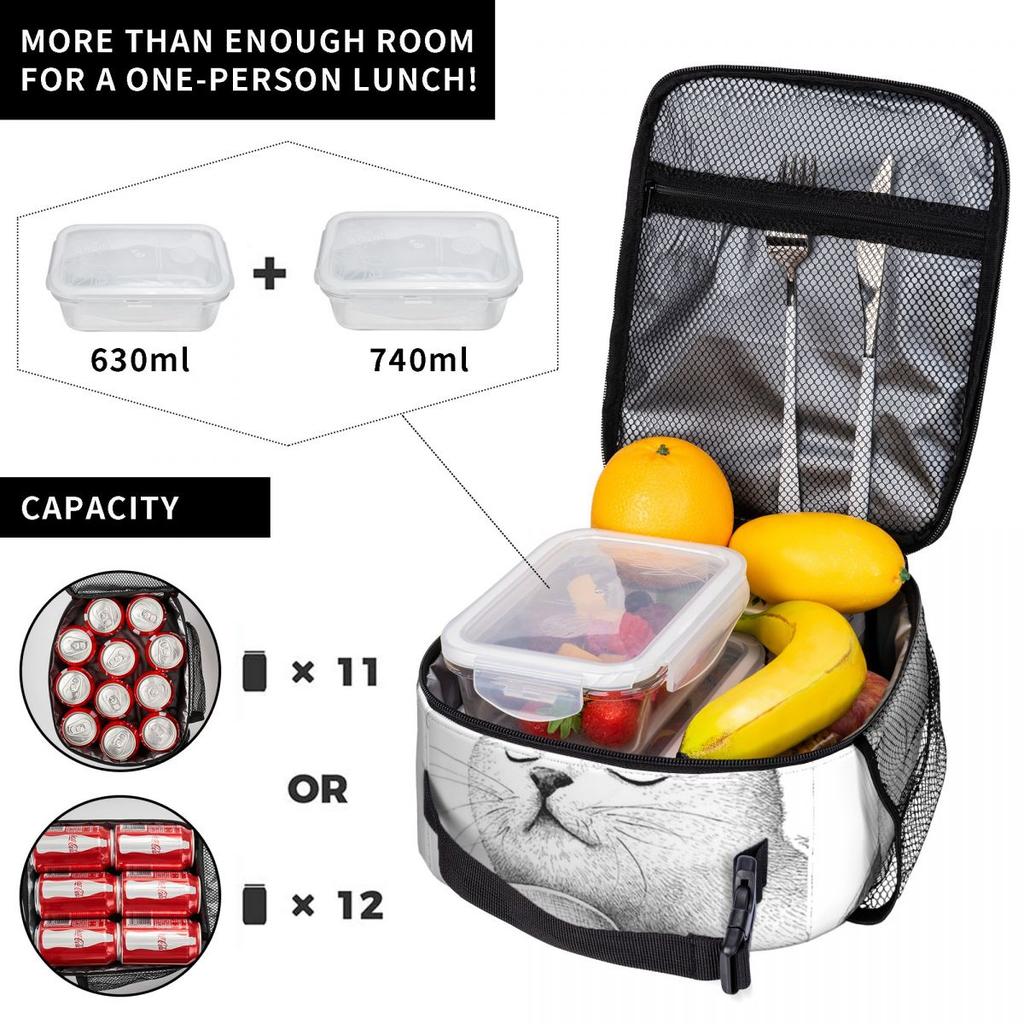 White Cat Holding Coffee Cup Pattern Insulated Lunch Bag for Women Kids Portable Food Boxes Thermal Lunch Box Tote