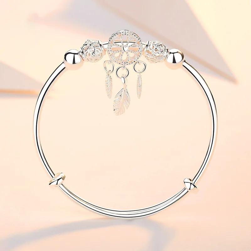 925 Silver Bracelets For Women Adjustable Bangle Dreamcatcher Tassel Feather Round Bead Charm Bracelet Wedding Jewelry
