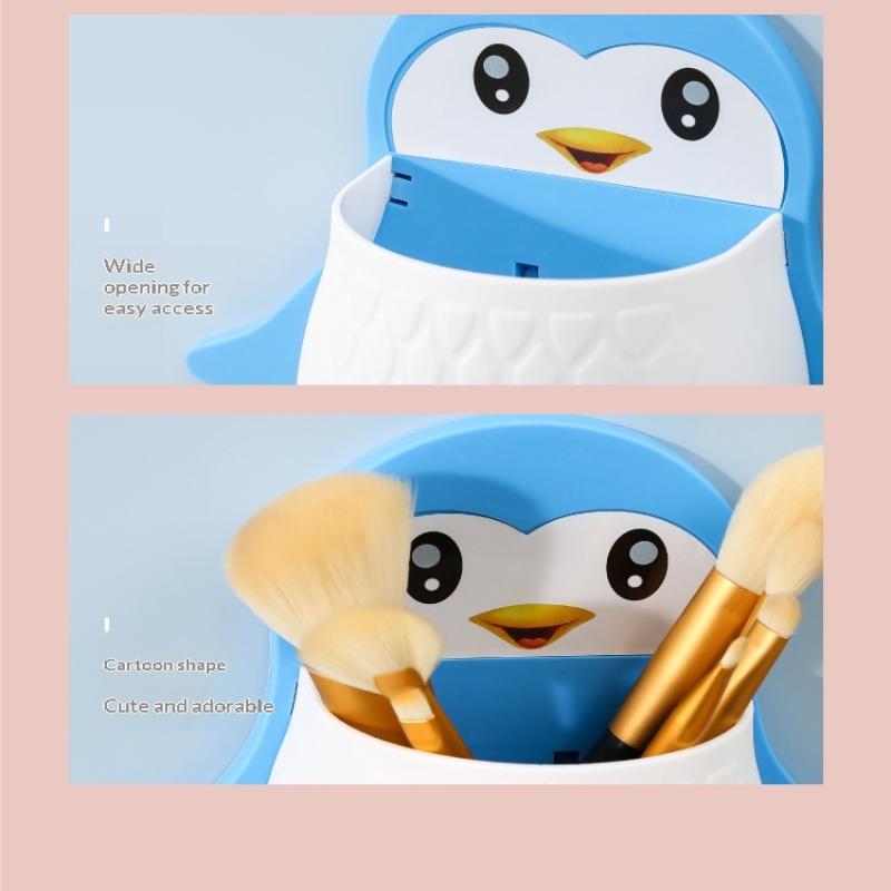 Cute Cartoon Penguin Wall Mounted Storage Holder With No Drill Installation Perfect For Bathroom Toothbrush Toiletry Organizer