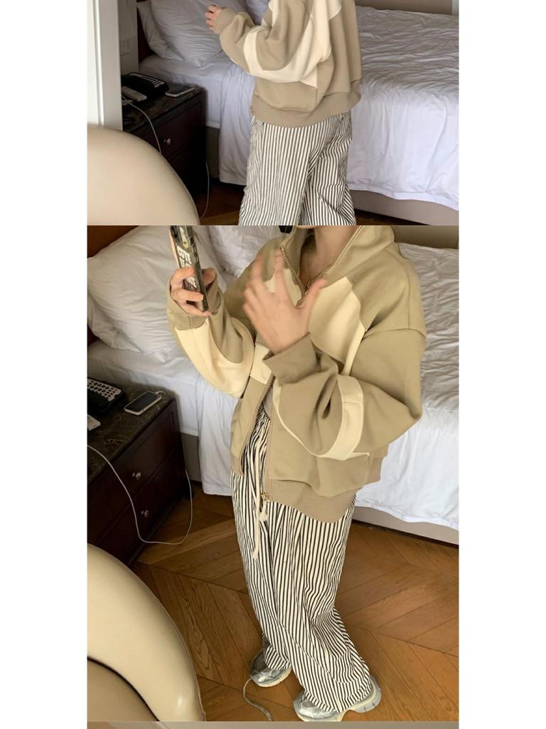 Women's Retro Colorblock Stand-Up Collar Sweatshirt Jacket, Spring/Autumn 2025, Casual Loose Baseball Cardigan.