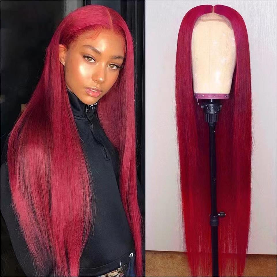 Burgundy Long Straight Hair Wig European American Women's Daily Natural Front Lace Headgear