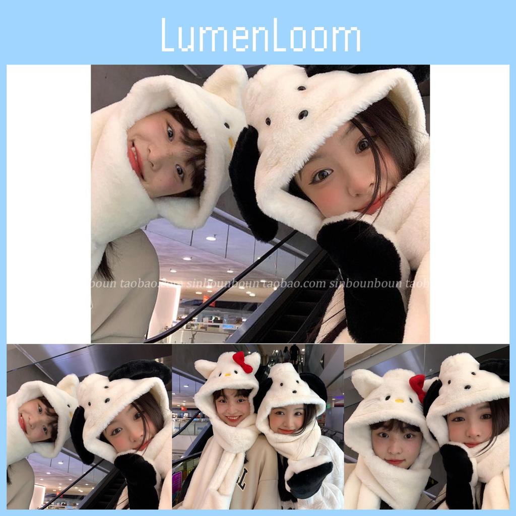 Cartoon Hooded Cute Plush Scarf And Gloves Set For Winter Warmth Protection Wind