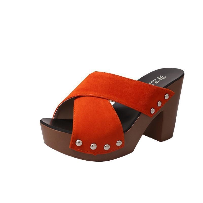 Summer fish mouth one-word rivet cross strap high heel thick bottom waterproof table sandals women