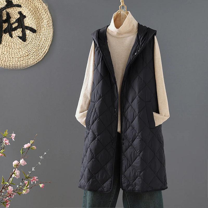 

Жилет для женщин Хлопковый Зимний Оверсайз Утепленный Длинный Безрукавный Жилет Пальто с Капюшоном Повседневный На Пуговицах Длинный Пуховый Жилет XXL чёрный