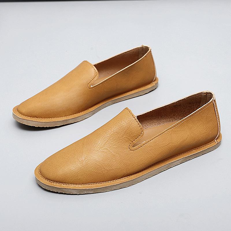 Men's Leather Shoes Handmade Slip on Casual Soft Loafers Simple Comfy Moccasins Breathable Male Boat Shoes Fashion Business Flats