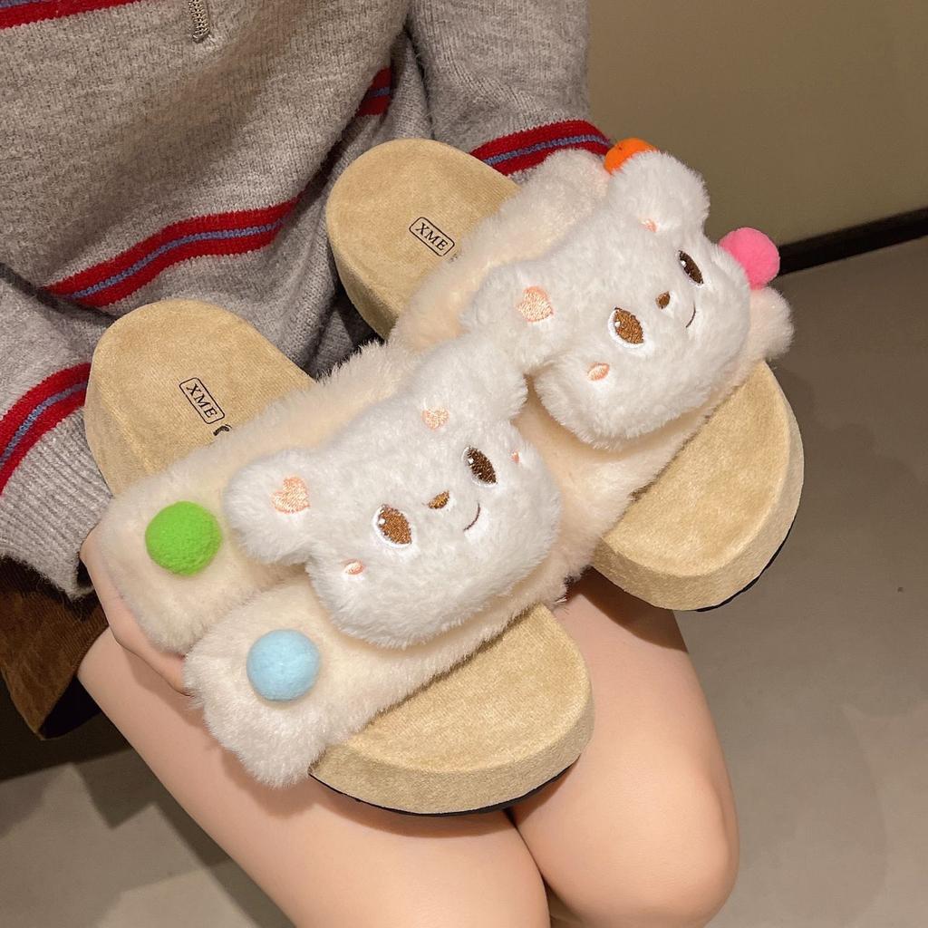 Comfortable one-word cotton slippers cute home muffin bottom fluffy slippers women's 2025 autumn and winter new warm and casual