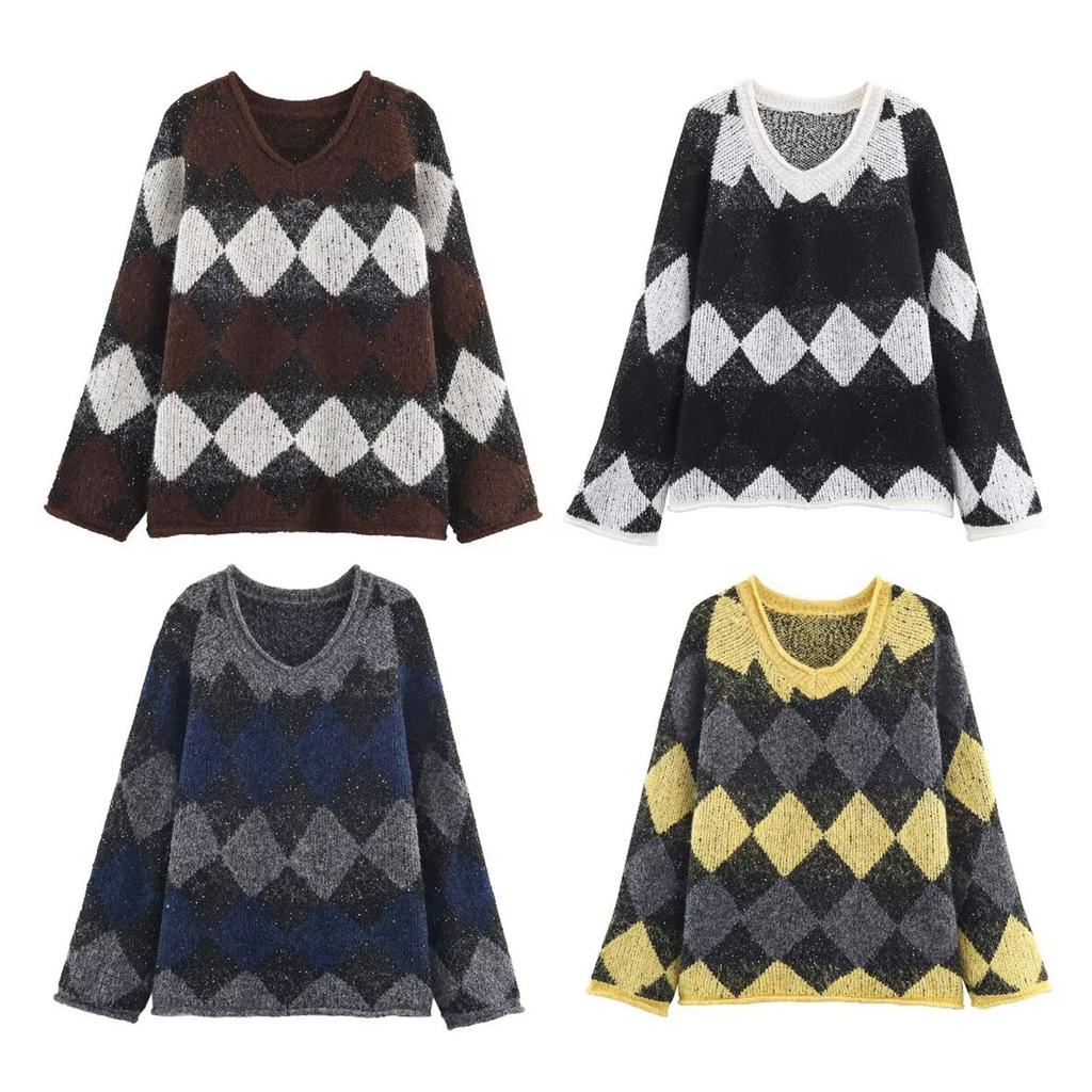 European and American style, new women's clothing, foreign style, fashionable, casual rhombus plaid pullover knitted sweater