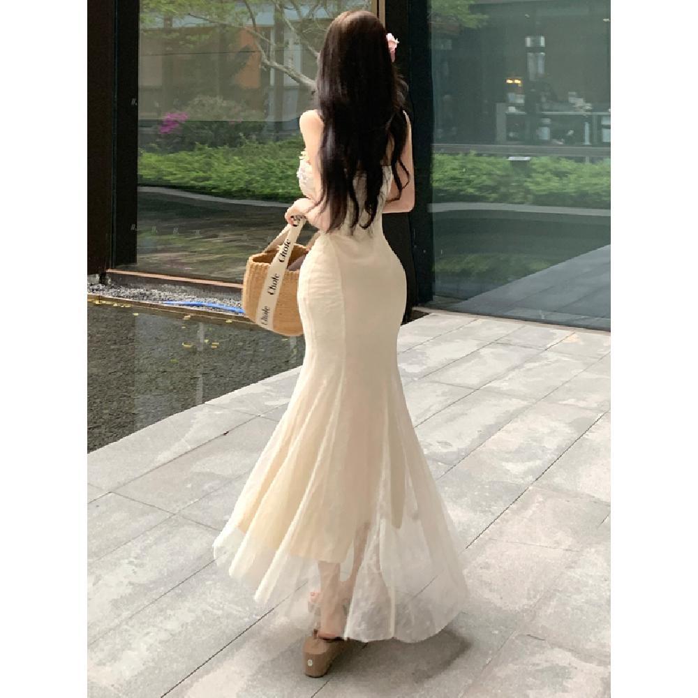 Resort style mesh patchwork receives waist bag hip long skirt gentle temperament flower slip dress