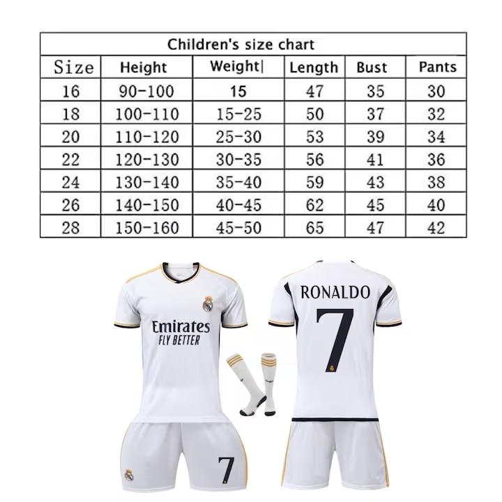 Real Madrid Ronaldo 7 Kids Soccer Jersey Set White Short Sleeve Shirt Shorts Socks Youth Football Kit Gift