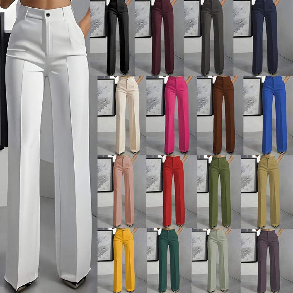 Women's High Rise Straight Leg Pants Relaxed Fit Wide Leg Trousers Elegant Office Polyester Solid Color Zipper Dress Pants