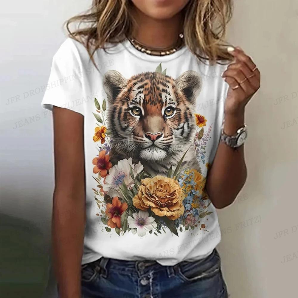 Summer Tiger Pattern T-shirt Animal 3d Printing Women's Casual Round Neck Short-sleeved Retro Y2k Harajuku Top Women's Clothing