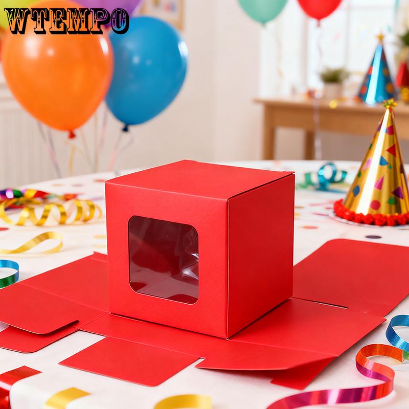 WTEMPO Festive Red Christmas & New Year Gift Boxes Clear Transparen Square Window DIY Foldable Paper Boxes Daily Presents Packaging Boxes