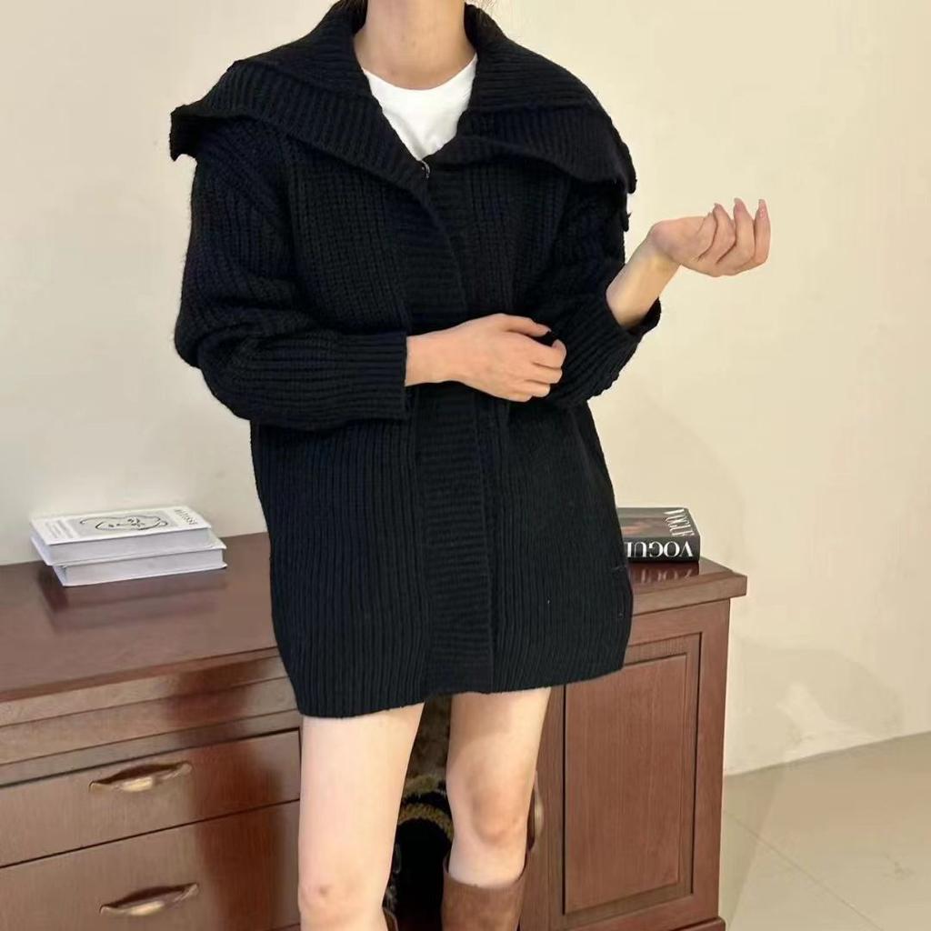 Retro simple lapel knitted cardigan women's autumn and winter new solid color loose lazy wind sweater jacket