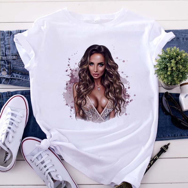 

Casual Vintage Sexy Beauty Graphic Women s T-Shirt 90S Summer Blouses Loose White O-Neck Tees Short Sleeve Tops Female Clothing S білий
