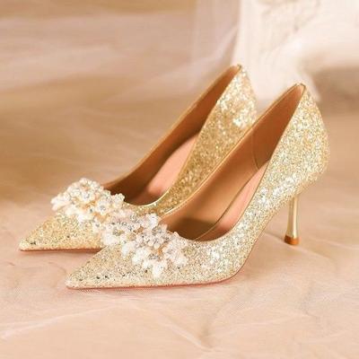 Chaussures de mariage robe principale premium talons fins automne nouveau cristal talons hauts français robe fiançailles n'est pas fatigué