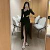 Bodycon Wrap Slim Split Dress Women Office Ladies Hollow Out Design Black Dresses Outfits Y2k Korean Fashion New In