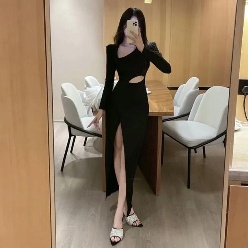 Bodycon Wrap Slim Split Dress Women Office Ladies Hollow Out Design Black Dresses Outfits Y2k Korean Fashion New In