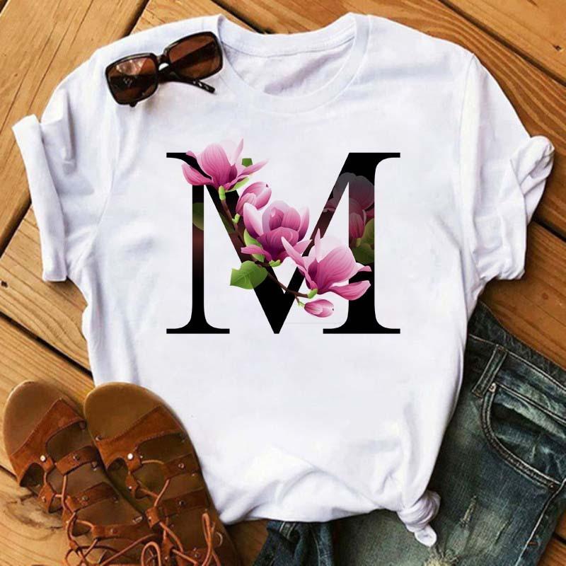 Womens Short Sleeved Tshirt with Floral Letter Print Top with Floral Pattern Casual Natural and Fashionable Daily WhiteTshirt