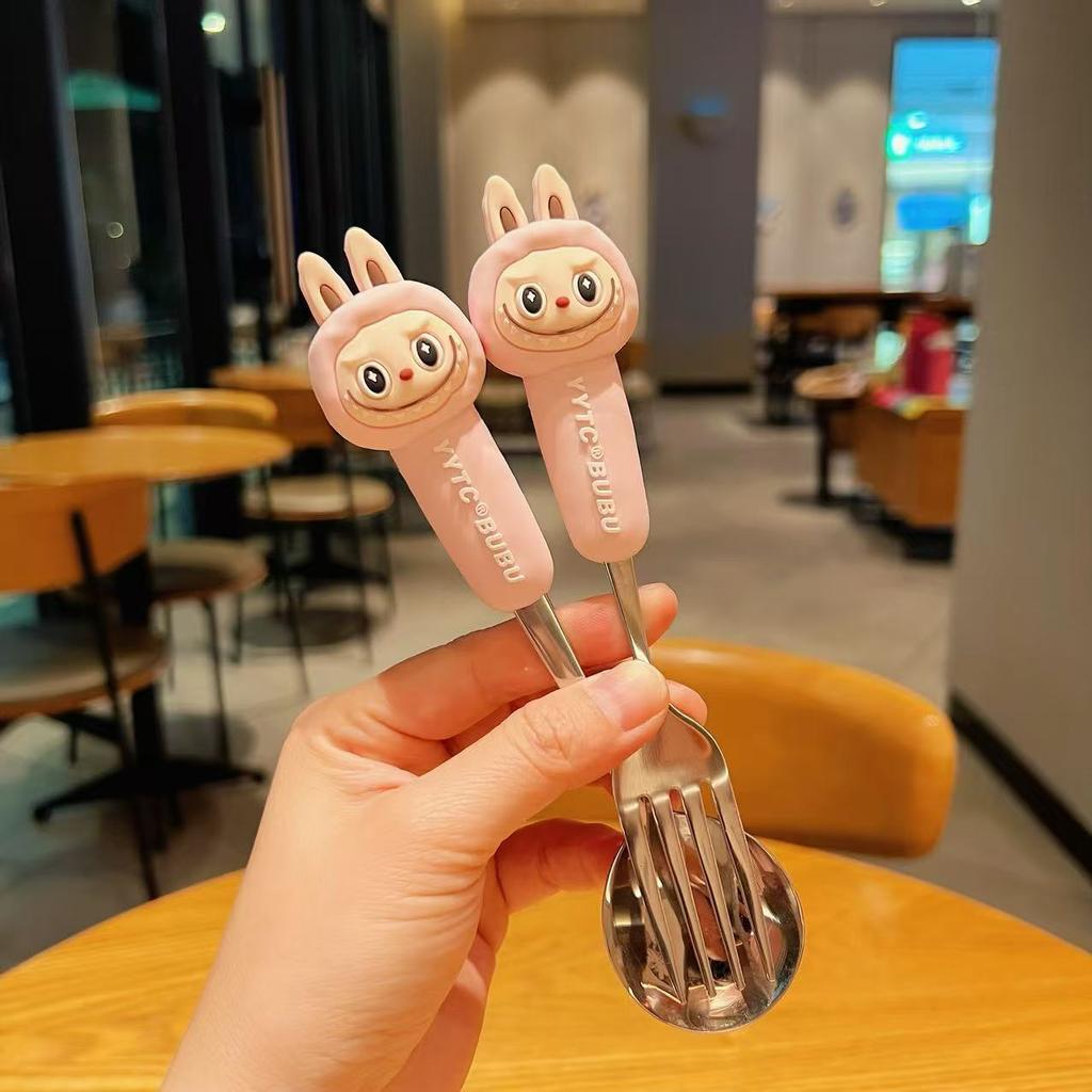 Cute 304 Stainless Steel Forks, Spoons and Chopsticks Cartoon Student and Children's Convenient Tableware Set