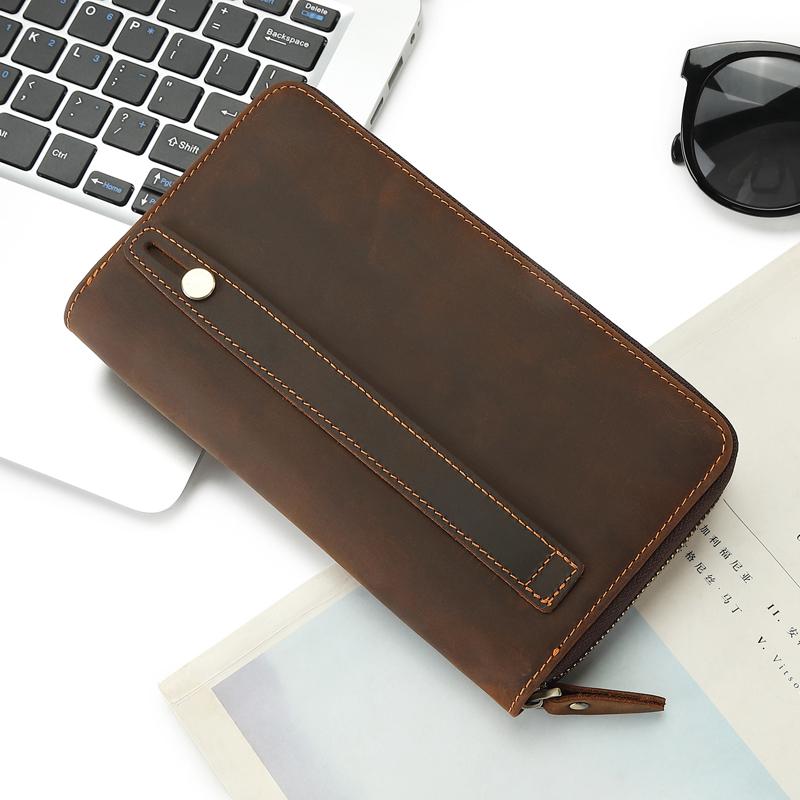 

Men s Handheld Wallet Genuine Leather Long Wallet Brand Designer Luxurious Business Phone Bag Retro Crazy Horse Leather Handbag 20cmX11.5cmX3.5cm