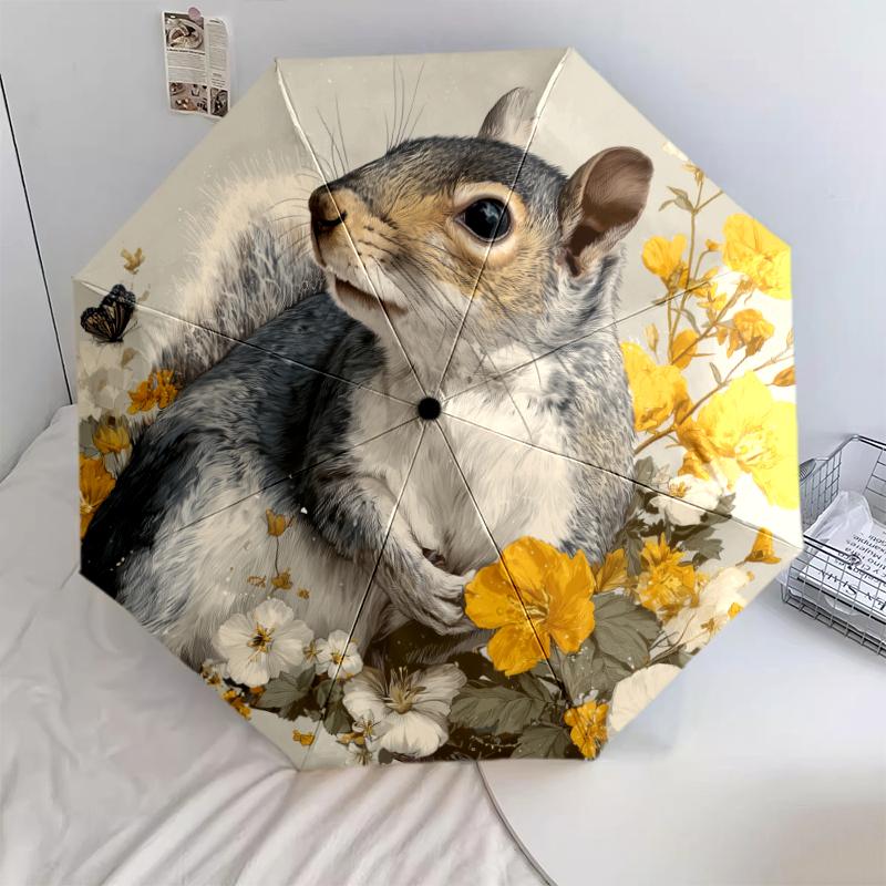 Cute Squirrel pattern, automatic folding umbrella, portable and foldable design, 8 ribs, a Christmas or birthday gift.