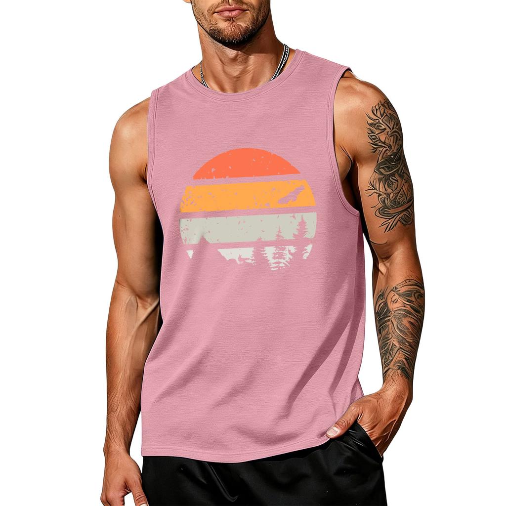 Mens Sleeveless Tank Top Crew Neck Graphic Print Vintage Style Casual Loose Fit Comfortable Shirt