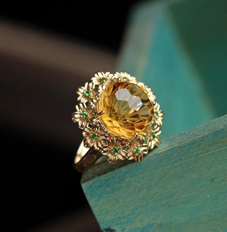 Plated 925 Silver Fireworks Craft Cut Champagne Citrine Nacai 18K Gold Light Luxury Versatile Flower Ring