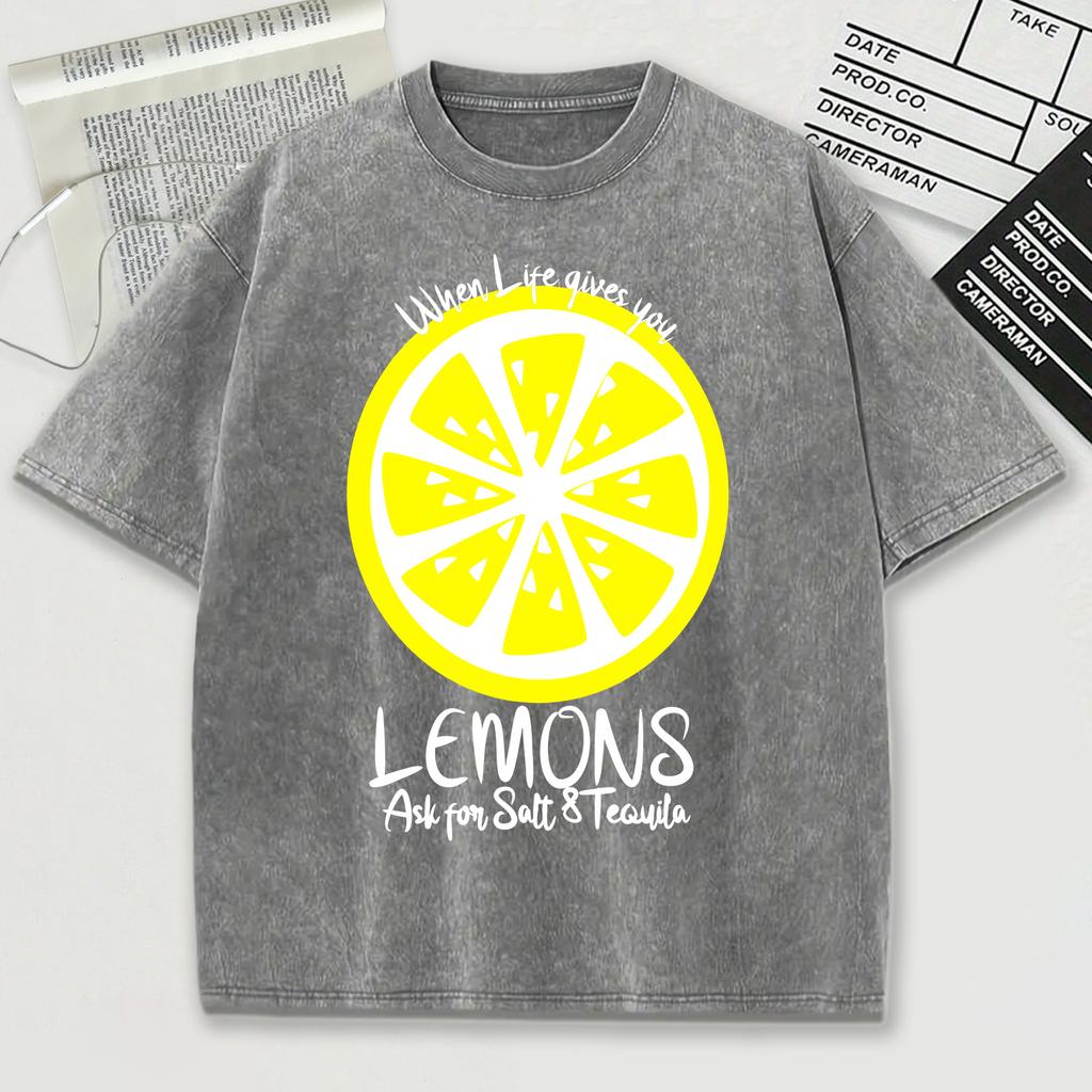 When Life Give You Lemons Pattern Washed Men T Shirt Summer Trendy Tee Shirts Soft Cotton O-Neck Short Unisex Loose Top