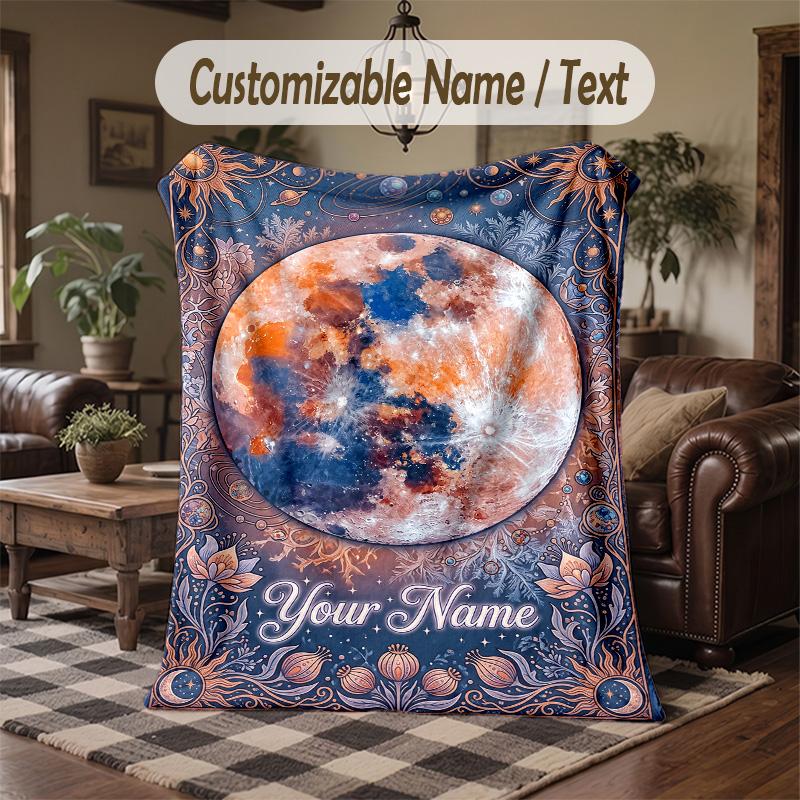 Moonlit Cat Dreams Theme Throw Blanket Custom Name Text Personalized Blanket Soft Cozy Blanket for Home Sofa Bed