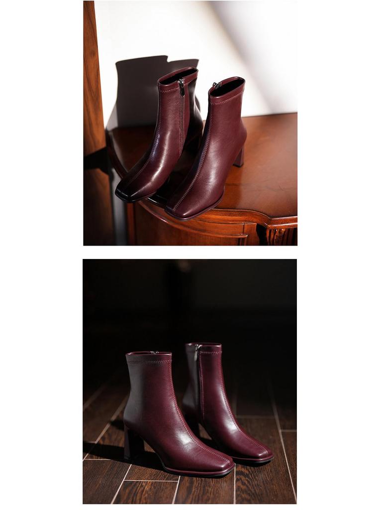 BEIJIANI 816-2 Women's Chunky Heel Ankle Boots, Square Toe, Solid Color, Soft Leather