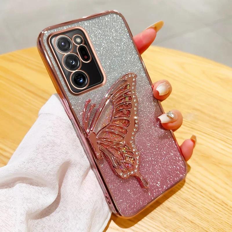 3D Butterfly Glitter Phone Case for Samsung Galaxy Note 20 Ultra Note 10 Plus Note 8 9 Camera Protection Black Cover