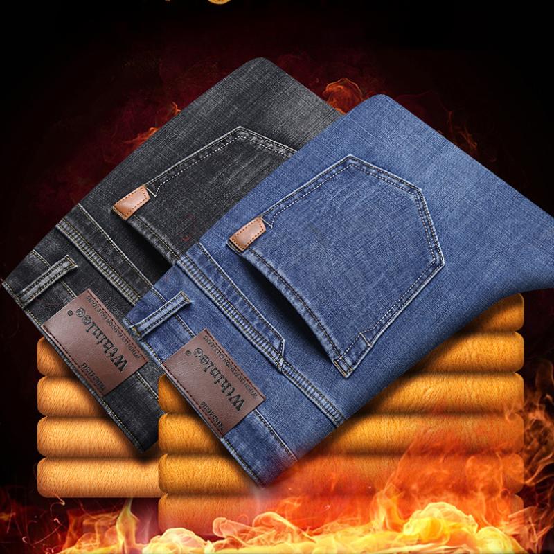 Nové pánské zateplené a zesílené teplé džíny na podzim a zimu elastické Slim rovné univerzální džínové kalhoty
