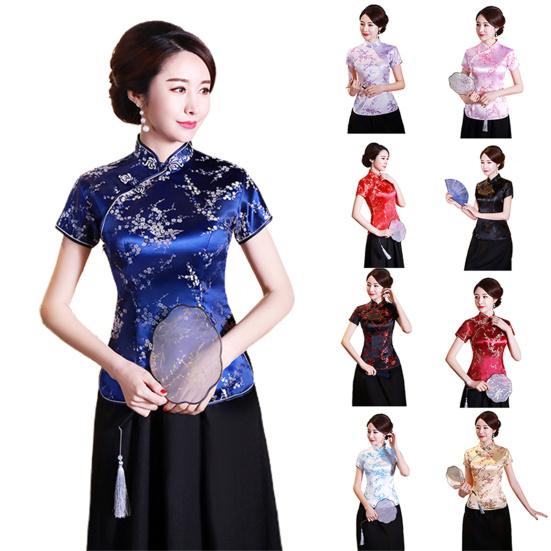 Cămașă Cheongsam pentru femei, în stil chinezesc, imprimeu cu prune, vară, toamnă, catarame rafinate, top cheongsam cu guler pentru nuntă