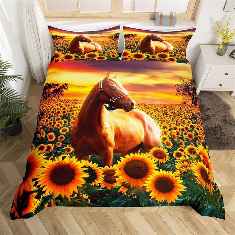 3D Pferd Bettbezug Full,Pferd Schwarzweiß Bettwäscheset für Jungen Mädchen Teenager Pferde Tiere Laufen im Schnee Bettdeckenbezug Set