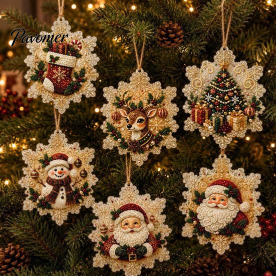 Christmas Faux Pearl Art Kit 6Pcs/Set Ornaments DIY Kit, Hanging Decorations Craft Creative Making with Round Charms Pearls, Holiday Rhinestone