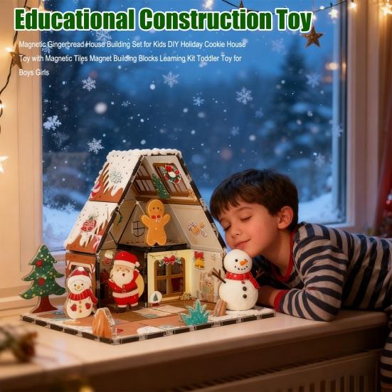 Magnetic Gingerbread House Building Set for Kids DIY Holiday Cookie House Toy with Magnetic Tiles Magnet Building Blocks Learning
