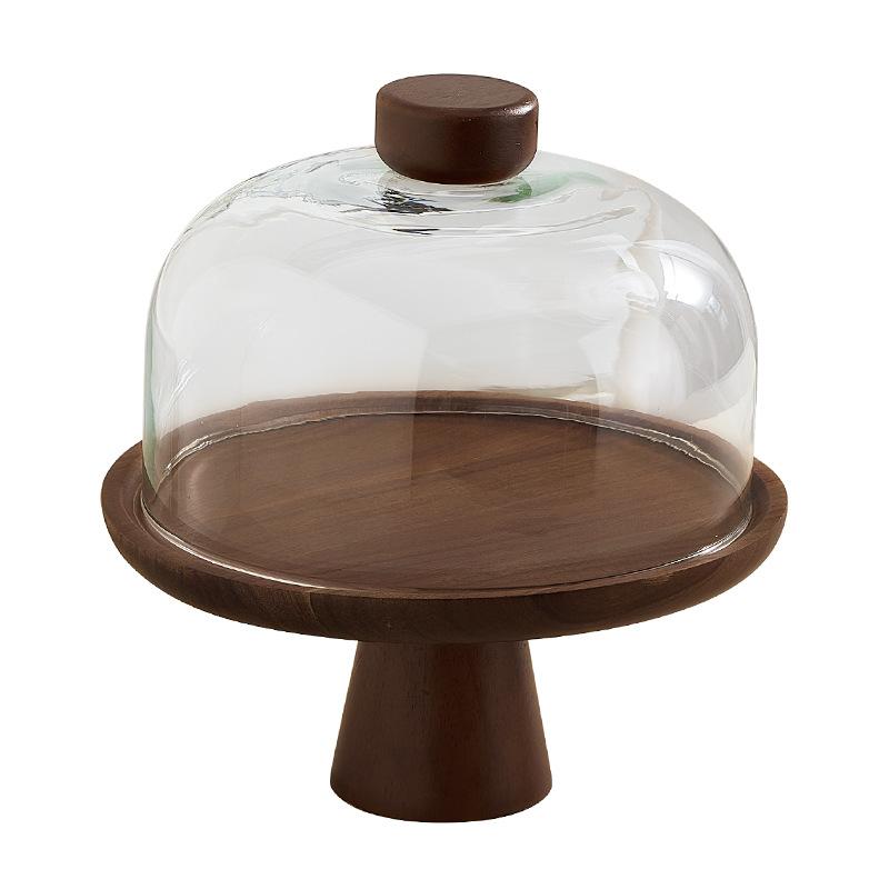 Retro Acacia Wood Tall Cake Tray with Glass Cover Wedding Dessert Table Display Rack Exquisite Afternoon Tea Dessert Tray
