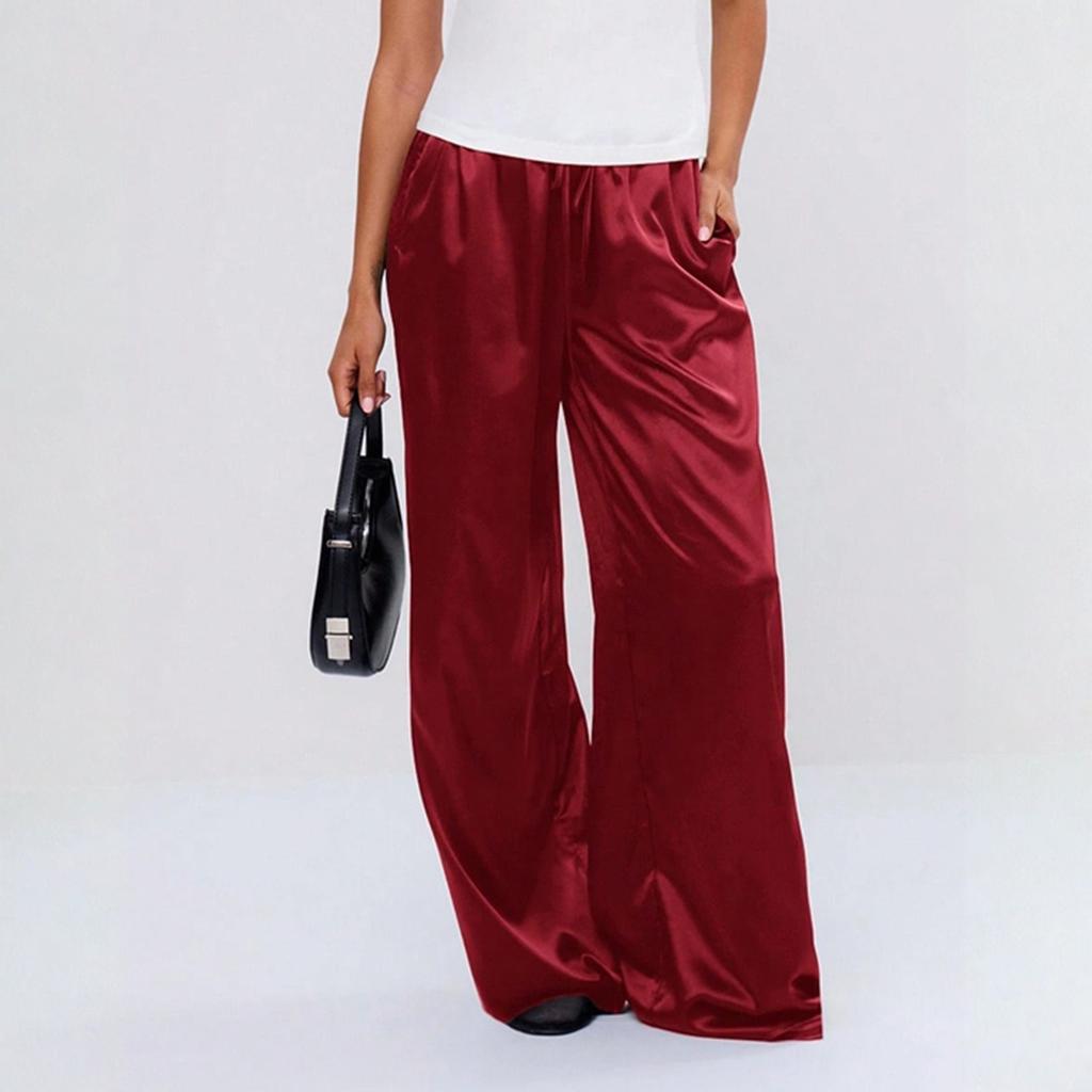 Pantaloni Casual da Donna alla Moda in Raso, Pantaloni Lunghi Larghi e Comodi con Coulisse