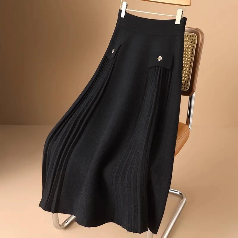 Women Vintage Skirts for High Waist A-line Thicked Knitted Pleated Long Skirt