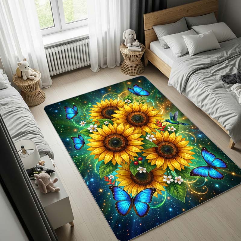 Sunflower Area Rug with Blue Stardust and Butterflies, Magical Galaxy Large Carpet for Bedroom Living Room Home Decor, Soft Floor Mat