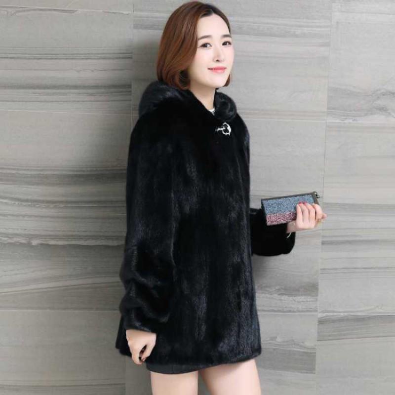 Womens Mid-Length Faux Fur Coat Hooded Thick Warm Winter Outerwear Plus Size Mink Jacket