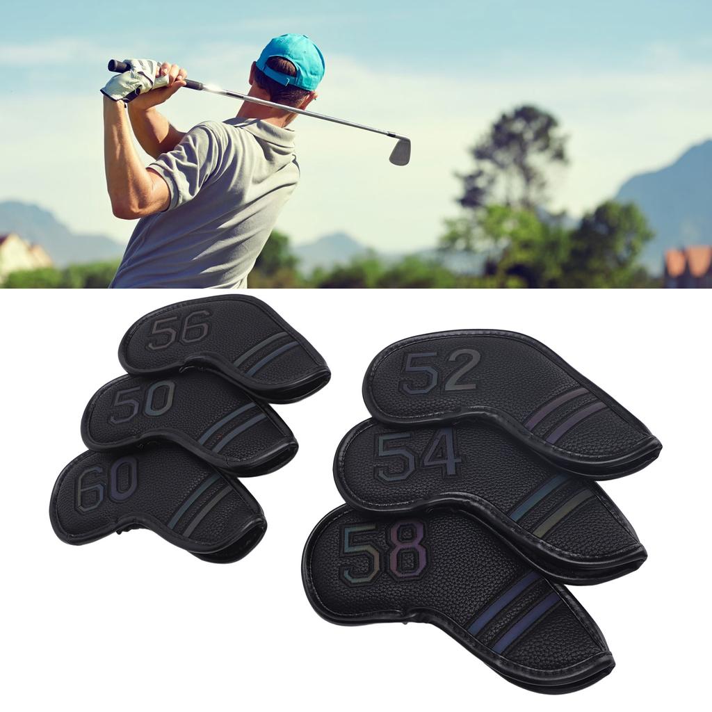 6PCS PU Leather Iron Wedge Golf Club Head Covers Fits Most Clubs Easy To Identify Embroidered Number Loop and Hook Fastener Closure Black