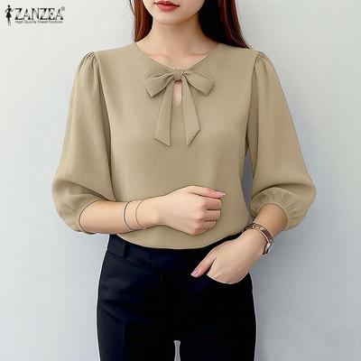 Women Round Neck Solid Color 3/4 Sleeve Loose Blouse