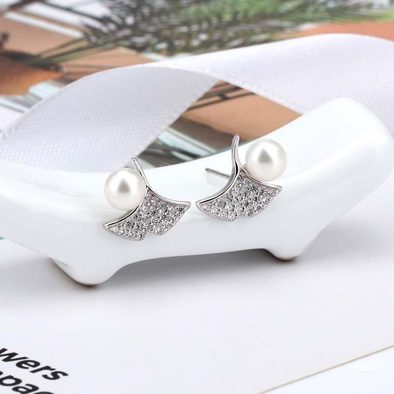 Beixi S925 Sterling Silver Ginkgo Leaf Diamond & Pearl Stud Earrings - Elegant & Fashionable Women s Jewelry 925 Sterling Silver